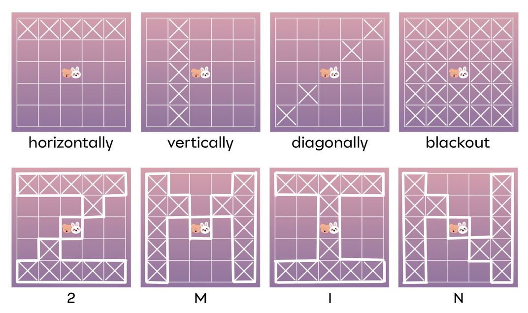 graphic of valid bingo wins, vertical, horizontal, diagonal, the number 2, and the letters M, I, and N, along with a heart