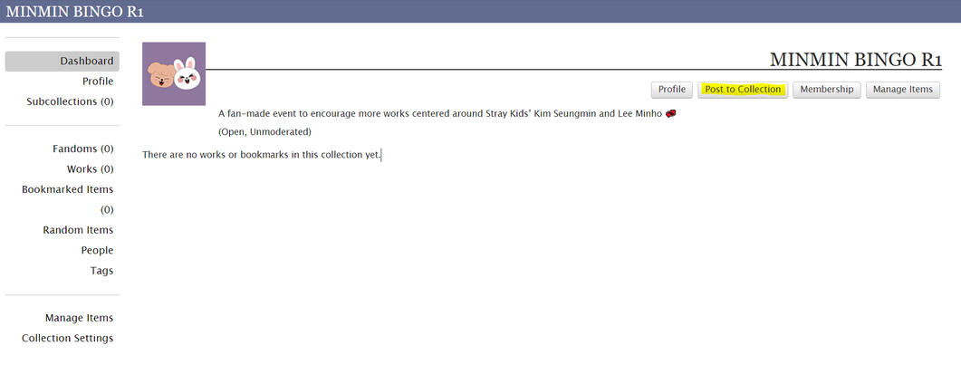 screenshot of the ao3 website, highlighting the "post to collection" button in the top right corner